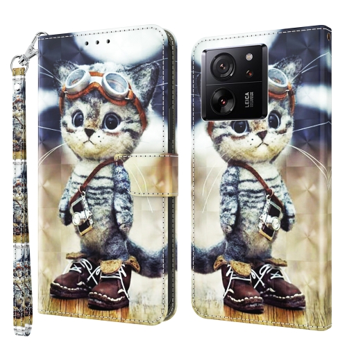 

For Xiaomi 13T Pro 3D Painted Pattern Leather Phone Case(Naughty Cat)