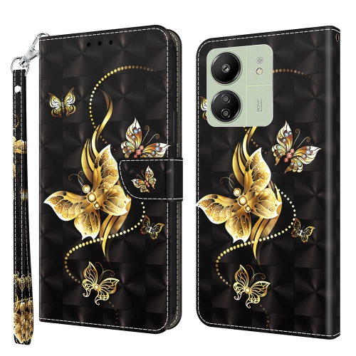 

For Xiaomi Redmi 13C 3D Painted Pattern Leather Phone Case(Golden Butterfly)