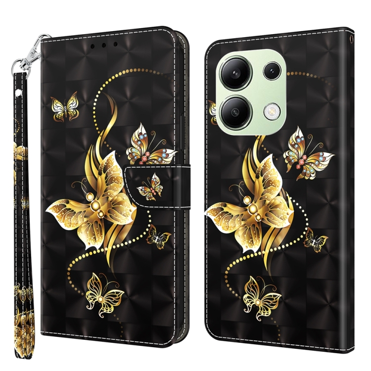 

For Xiaomi Redmi Note 13 4G 3D Painted Pattern Leather Phone Case(Golden Butterfly)