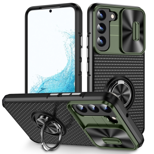 

For Samsung Galaxy S22 5G Sliding Camshield Armor Phone Case with Ring Holder(Army Green Black)