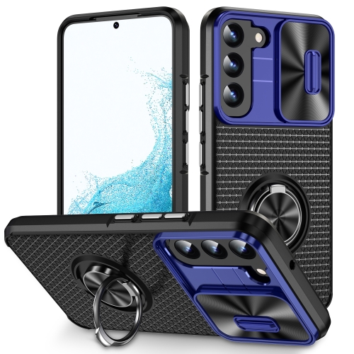 

For Samsung Galaxy S22 5G Sliding Camshield Armor Phone Case with Ring Holder(Blue Black)