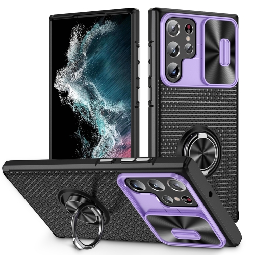 

For Samsung Galaxy S22 Ultra 5G Sliding Camshield Armor Phone Case with Ring Holder(Purple Black)