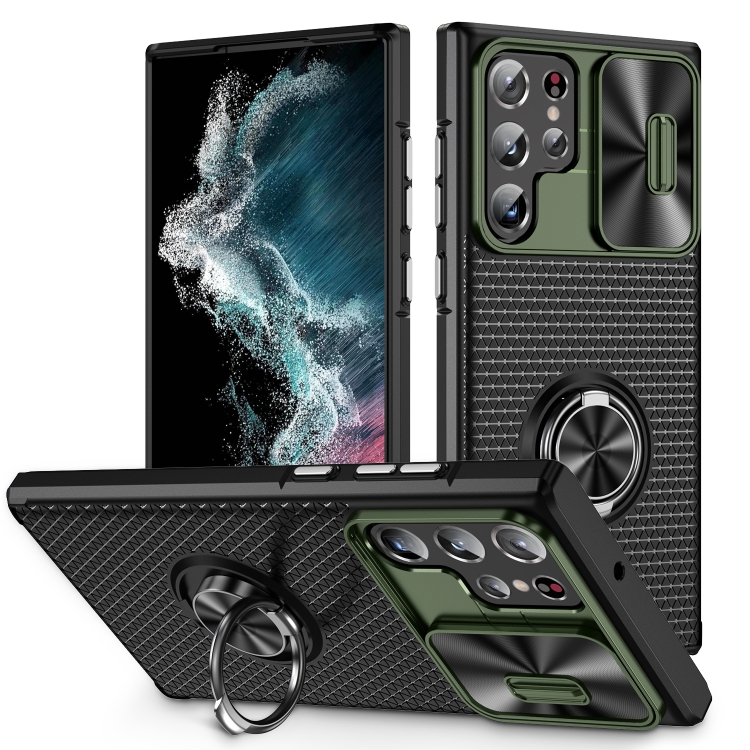 

For Samsung Galaxy S22 Ultra 5G Sliding Camshield Armor Phone Case with Ring Holder(Army Green Black)