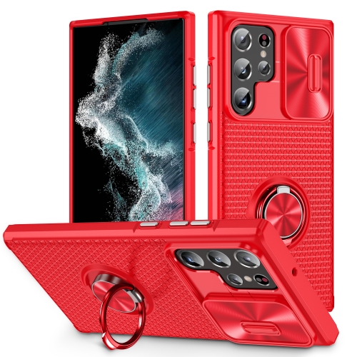 

For Samsung Galaxy S22 Ultra 5G Sliding Camshield Armor Phone Case with Ring Holder(Red)