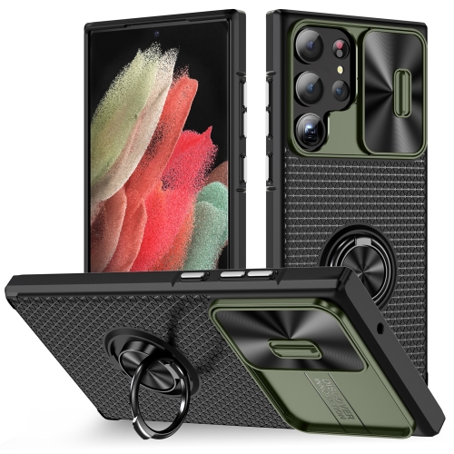 

For Samsung Galaxy S23 Ultra 5G Sliding Camshield Armor Phone Case with Ring Holder(Army Green Black)