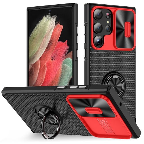 

For Samsung Galaxy S23 Ultra 5G Sliding Camshield Armor Phone Case with Ring Holder(Red Black)