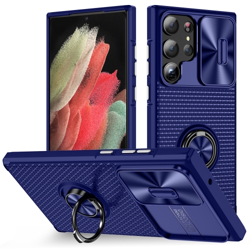 

For Samsung Galaxy S23 Ultra 5G Sliding Camshield Armor Phone Case with Ring Holder(Blue)