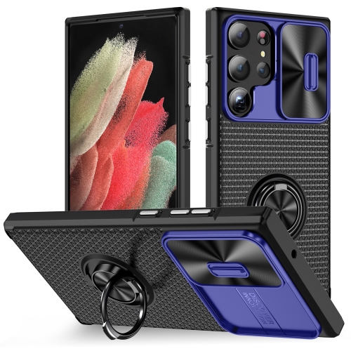 

For Samsung Galaxy S23 Ultra 5G Sliding Camshield Armor Phone Case with Ring Holder(Blue Black)