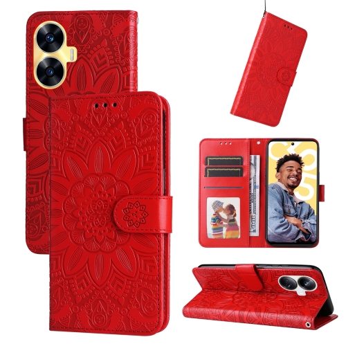 

For Realme C55 Embossed Sunflower Leather Phone Case(Red)