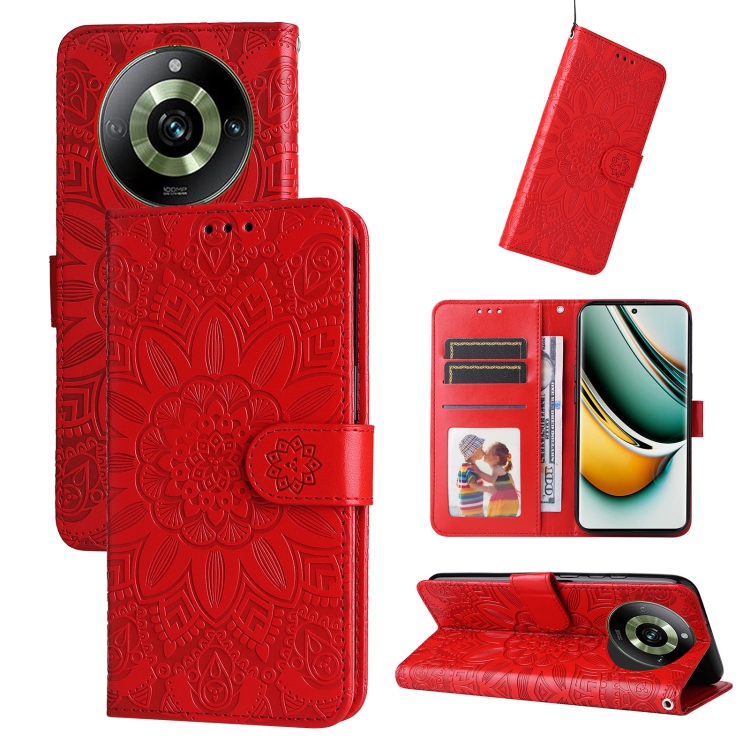 

For Realme 11 Embossed Sunflower Leather Phone Case(Red)