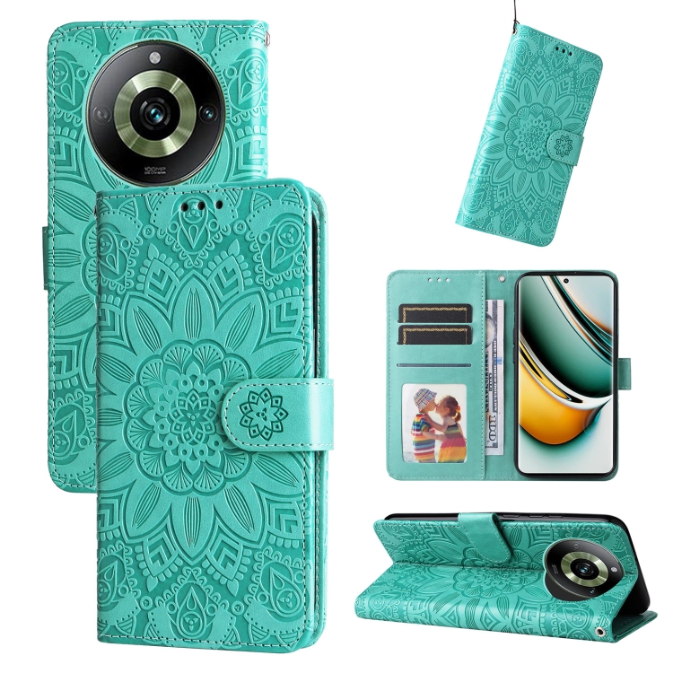 

For Realme 11 Embossed Sunflower Leather Phone Case(Green)