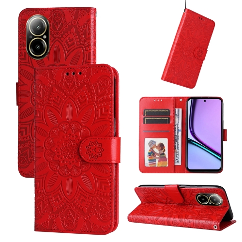 

For Realme C67 4G Global Embossed Sunflower Leather Phone Case(Red)