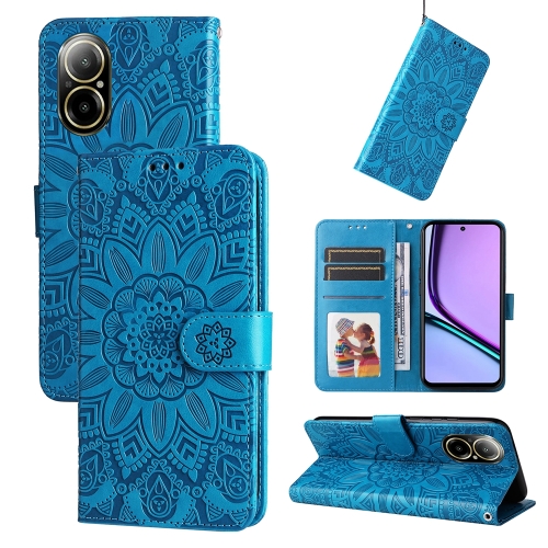

For Realme C67 4G Global Embossed Sunflower Leather Phone Case(Blue)