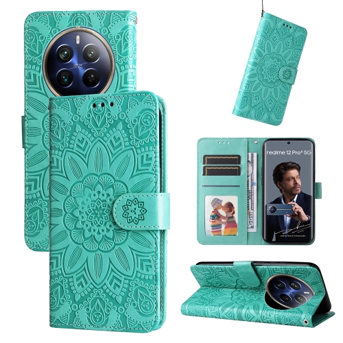 

For Realme 12 Pro+ Embossed Sunflower Leather Phone Case(Green)
