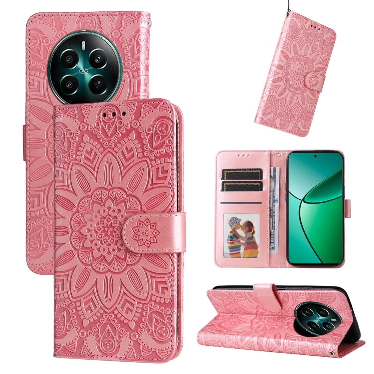 

For Realme 12+ Embossed Sunflower Leather Phone Case(Rose Gold)