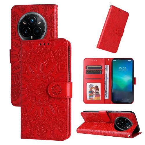 

For Realme 14 Pro+ Global Embossed Sunflower Leather Phone Case(Red)