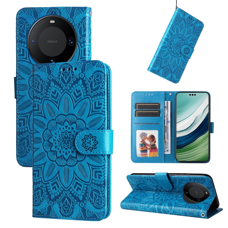 

For Huawei Mate 60 Pro Embossed Sunflower Leather Phone Case(Blue)