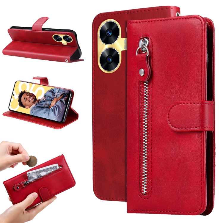 

For Realme C55 Calf Texture Zipper Leather Phone Case(Red)