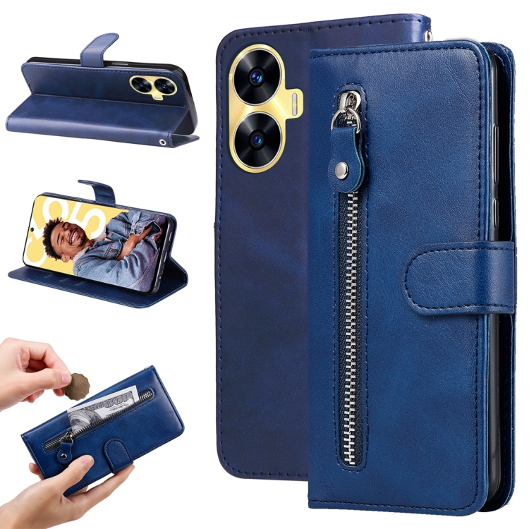 

For Realme C55 Calf Texture Zipper Leather Phone Case(Blue)