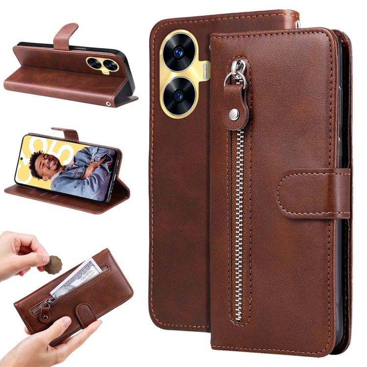 

For Realme C55 Fashion Calf Texture Zipper Leather Phone Case(Brown)