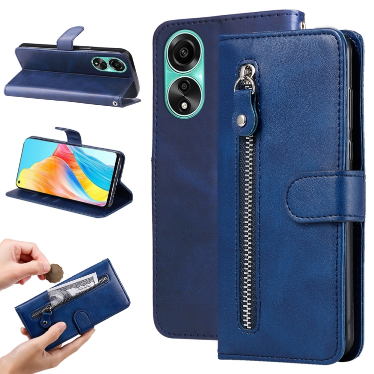 

For OPPO A78 4G Fashion Calf Texture Zipper Leather Phone Case(Blue)