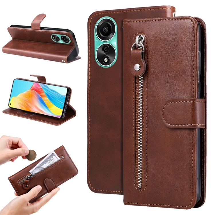 

For OPPO A78 4G Fashion Calf Texture Zipper Leather Phone Case(Brown)