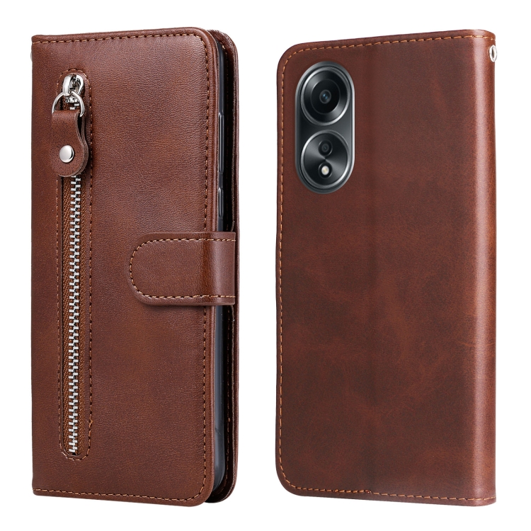 

For OPPO A58 4G Fashion Calf Texture Zipper Leather Phone Case(Brown)