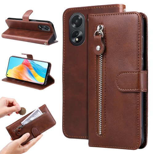 

For OPPO A38 4G / A18 4G Global Fashion Calf Texture Zipper Leather Phone Case(Brown)