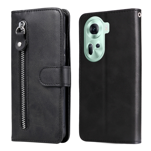 

For OPPO Reno11 5G Global Fashion Calf Texture Zipper Leather Phone Case(Black)