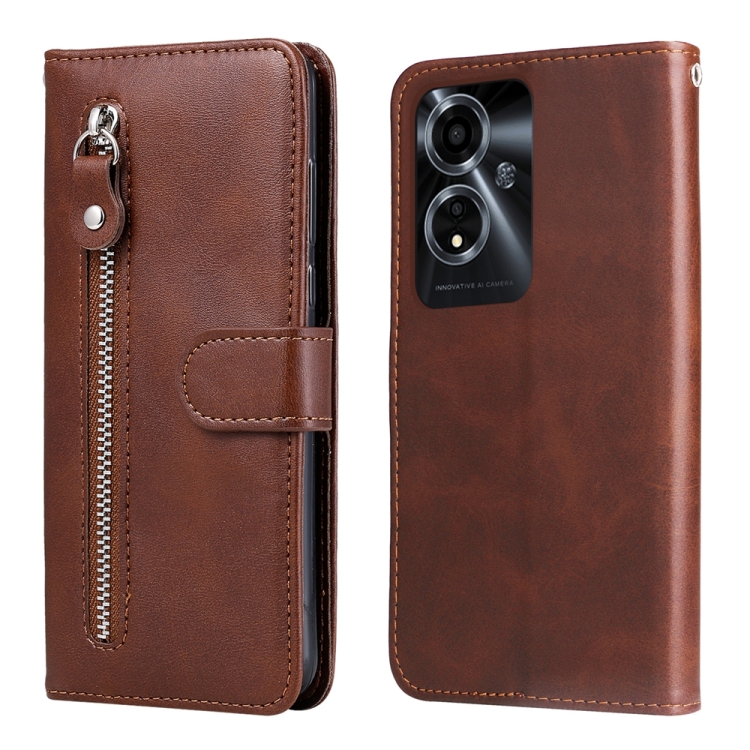 

For OPPO A59 5G / A2m Fashion Calf Texture Zipper Leather Phone Case(Brown)