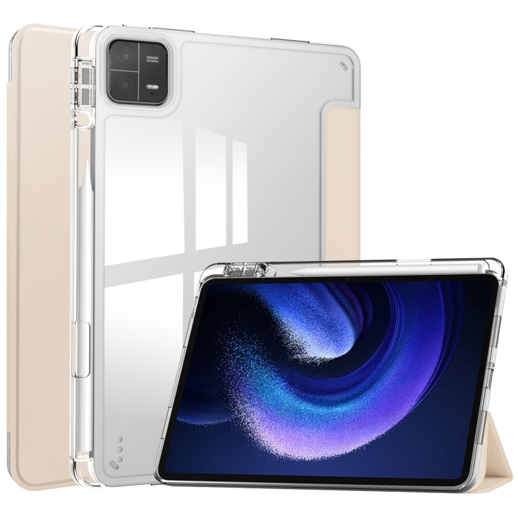 

For Xiaomi Pad 6 / 6 Pro 3-fold Clear TPU Smart Leather Tablet Case(Apricot)