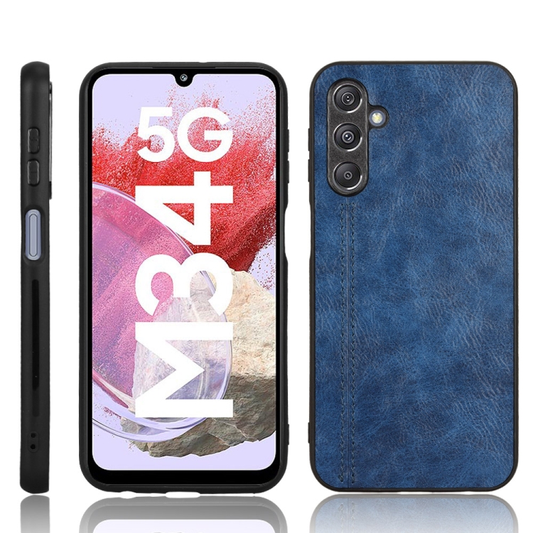 

For Samsung Galaxy M34 5G Cow Pattern Sewing Back Cover Phone Case(Blue)