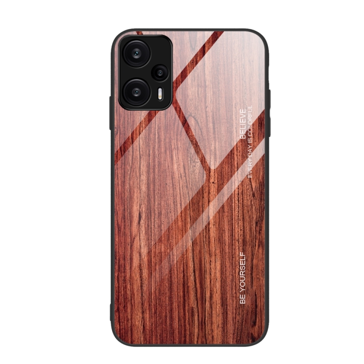 

For Xiaomi Redmi Note 12 Turbo Wood Grain Glass TPU Phone Case(Coffee)