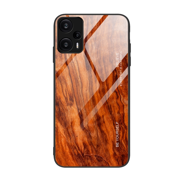 

For Xiaomi Redmi Note 12 Turbo Wood Grain Glass TPU Phone Case(Light Brown)