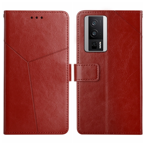 

For Xiaomi Poco F5 Pro HT01 Y-shaped Pattern Flip Leather Phone Case(Brown)