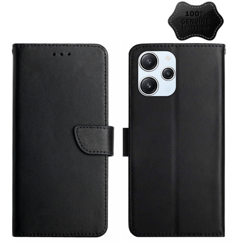 

For Xiaomi Redmi 12 4G Global Genuine Leather Fingerprint-proof Flip Phone Case(Black)