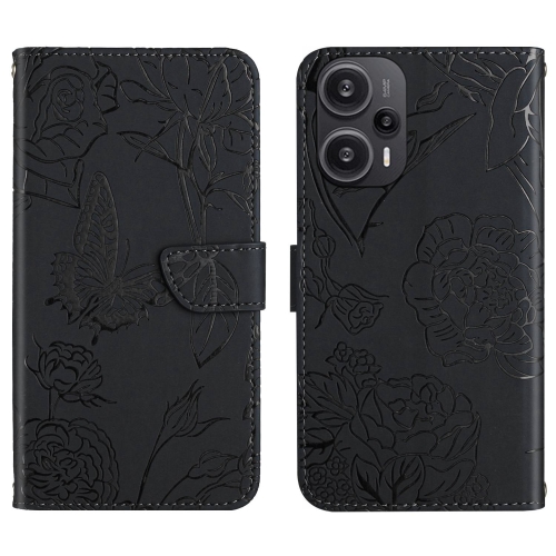 

For Xiaomi Poco F5 HT03 Skin Feel Butterfly Embossed Flip Leather Phone Case(Black)