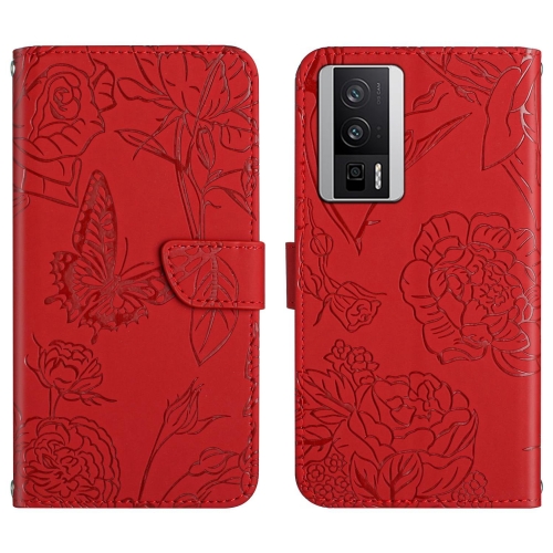 

For Xiaomi Poco F5 Pro HT03 Skin Feel Butterfly Embossed Flip Leather Phone Case(Red)