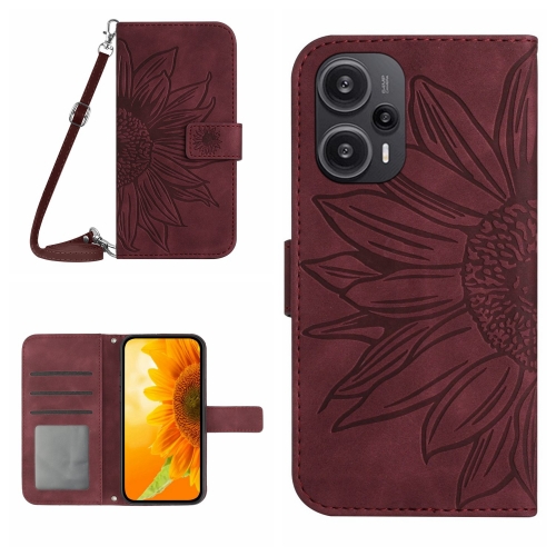 

For Xiaomi Poco F5 Skin Feel Sun Flower Embossed Flip Leather Phone Case with Lanyard(Wine Red)