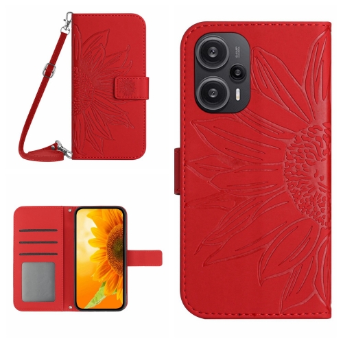

For Xiaomi Poco F5 Skin Feel Sun Flower Embossed Flip Leather Phone Case with Lanyard(Red)