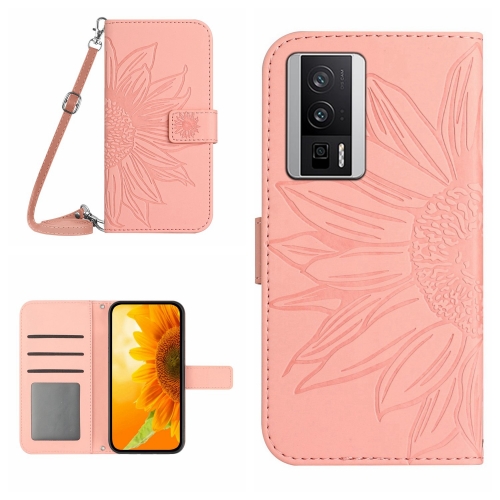 

For Xiaomi Poco F5 Pro Skin Feel Sun Flower Embossed Flip Leather Phone Case with Lanyard(Pink)