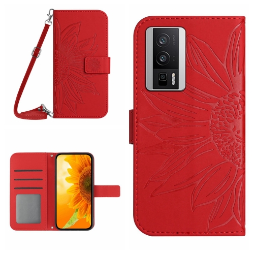 

For Xiaomi Poco F5 Pro Skin Feel Sun Flower Embossed Flip Leather Phone Case with Lanyard(Red)