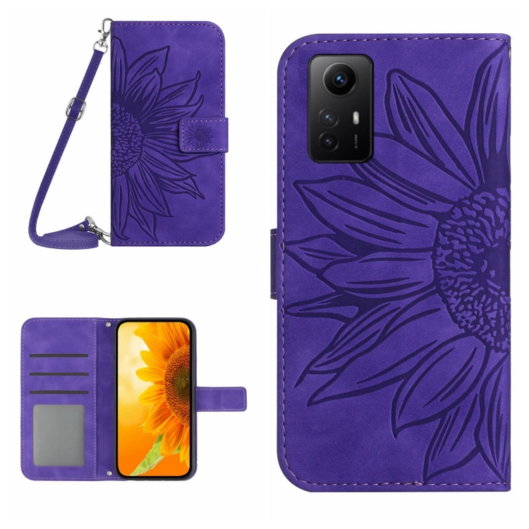 

For Xiaomi Redmi Note 12S Skin Feel Sun Flower Embossed Flip Leather Phone Case with Lanyard(Dark Purple)