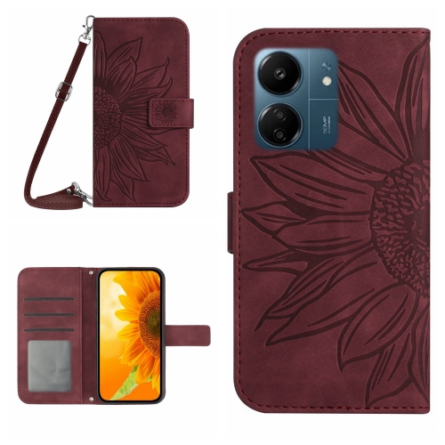 

For Xiaomi Redmi 13C 4G Skin Feel Sun Flower Embossed Flip Leather Phone Case with Lanyard(Wine Red)