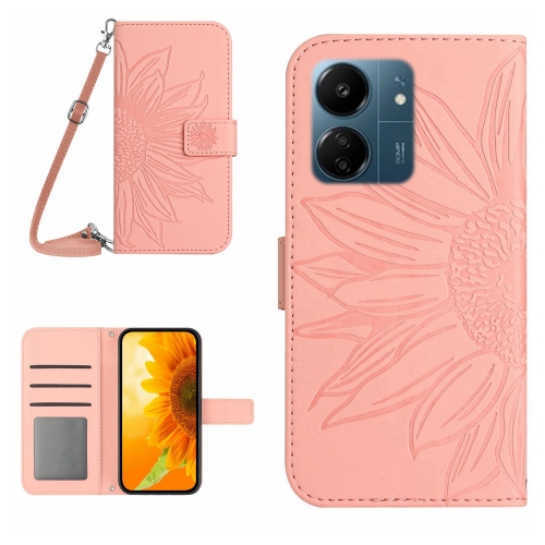 

For Xiaomi Redmi 13C 4G Skin Feel Sun Flower Embossed Flip Leather Phone Case with Lanyard(Pink)