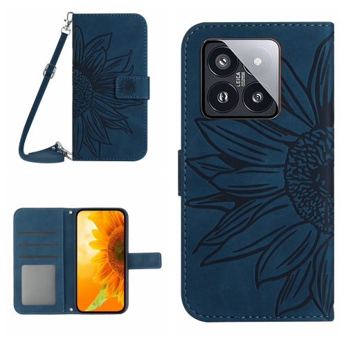 

For Xiaomi 14 Skin Feel Sun Flower Embossed Flip Leather Phone Case with Lanyard(Inky Blue)