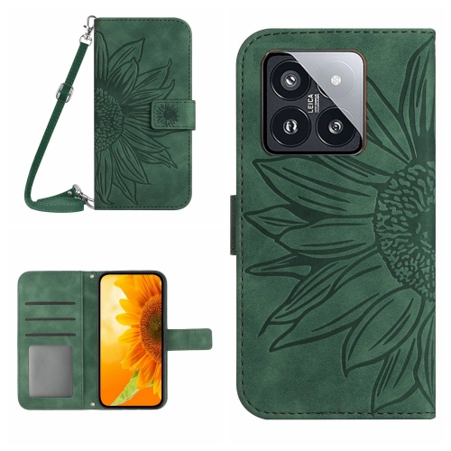 

For Xiaomi 14 Skin Feel Sun Flower Embossed Flip Leather Phone Case with Lanyard(Green)