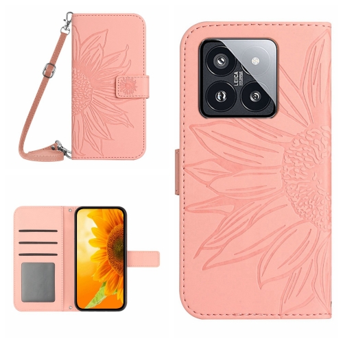 

For Xiaomi 14 Skin Feel Sun Flower Embossed Flip Leather Phone Case with Lanyard(Pink)