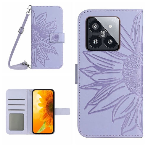 

For Xiaomi 14 Skin Feel Sun Flower Embossed Flip Leather Phone Case with Lanyard(Purple)