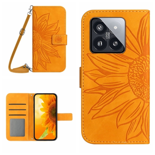 

For Xiaomi 14 Pro Skin Feel Sun Flower Embossed Flip Leather Phone Case with Lanyard(Yellow)